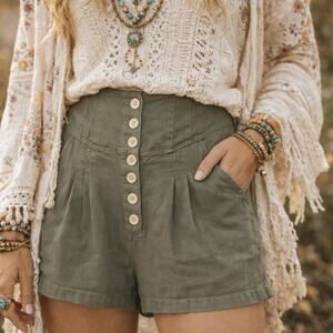 Free People SZ 00 100% Cotton Olive Green High Rise Button Front Shorts